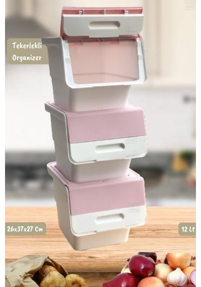 3 Lü Tekerlekli Patateslik Soğanlık Oyuncaklık Erzak Kutusu Sebzelik Beyaz Pembe 36 Lt Pembe Beyaz