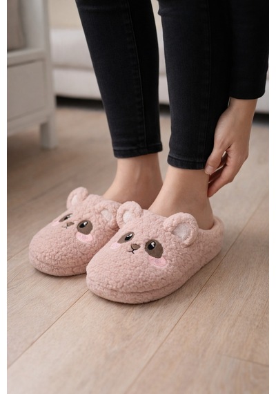 Modafrato Teddy Bear Kadın Ev Terliği Kışlık Terlik Kauçuk Ses Yapmayan Taban Pudra