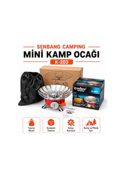 Senbang Camping K-203 Mini Kamp Ocağı Portatif Kartuşlu Gaz Ocağı, Rüzgar Korumalı Taşıma Keseli Piknik Ocağı Kırmızı