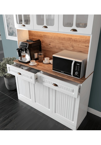 Efes Kahve Köşesi - 140 Cm Mdf Mutfak Dolabı - Led Aydınlatmalı - Atlantik Çam - Beyaz