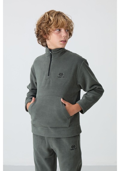 Tommylife Tommy Life Haki Kalın Yumuşak Dokulu Standart Fit Nakışlı Polar Erkek Çocuk Eşofman Takım - 11218 Haki