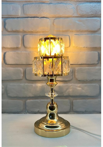 Modern Dekoratif Gold Metal Ayaklı Kristal Kademeli Taşlı Abajur Gold