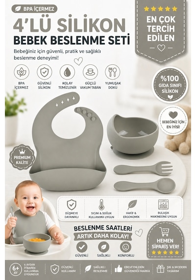 Çocuk Silikon Mama Önlüğü, Silikon Vakumlu Kase, Silikon Kaşık Ve Çatal / Gri