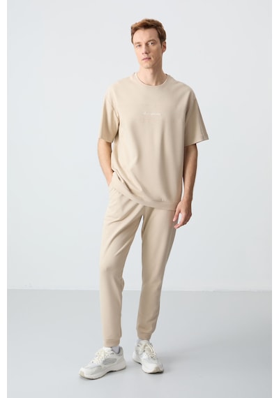 Tommy Life Bej Pamuklu Kalın Yumuşak Dokulu Oversize Fit Basic Erkek Eşofman Takım - 85261 Bej