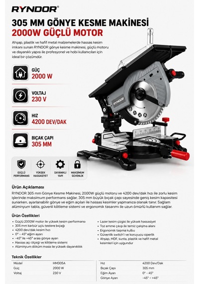 Heilber Ryndor Hm305a 305 Mm 2000w Profesyonel Gönye Kesme Makinesi 4200 Dev/dak