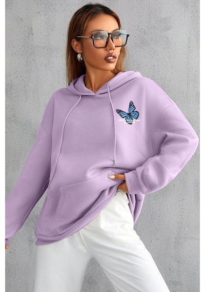 Uyguntarz Unisex Kelebek Sırt Baskılı Sweatshirt Lila