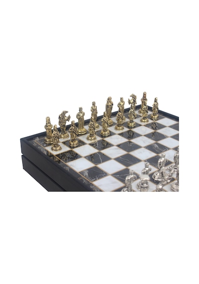 Lüks Sandıklı Metal Satranç Takımı Krom Kaplama Osmanlı Vs Bizans Figürler Mermer Desenli 20 Cm.