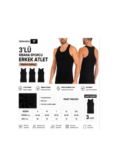 Yıldız Çamaşır Erkek Ribana Sporcu %100 Pamuk Atlet 15-17-19 - 3 Adet Siyah