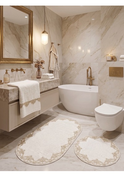 My Evilla Çeyizlik Güpürlü Dantelli Banyo Paspas Takımı Kaymaz Taban Ve Güpürlü Havlu Seti 3'lü Krem