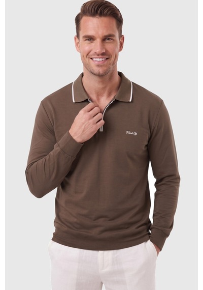 Deepsea Erkek Slim Fit Tüylenmeyen Fermuarlı Polo Yaka Kahve Sweatshirt Yumuşak Dokulu Sweat 2708517