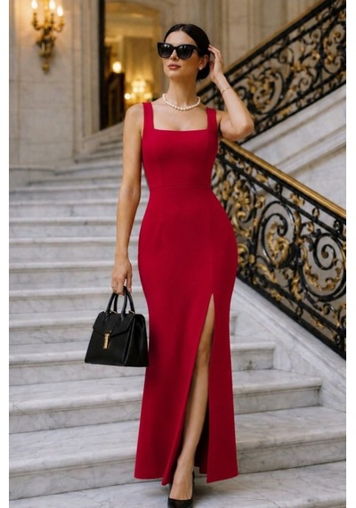 Efnaz Style Kadın Askılı Kare Yakalı Yırtmaçlı Uzun Ithal Krep Elbise Kırmızı