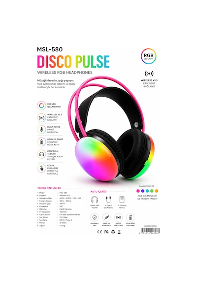 Msl-580 Disco Pulse Rgb Kablosuz Kulaklık Siyahh