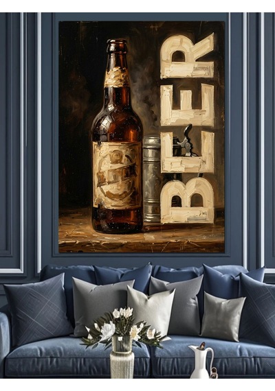 Bira Şişesi Ve Retro Yazı Dekoratif Kanvas - Mdf Ahşap Tablo