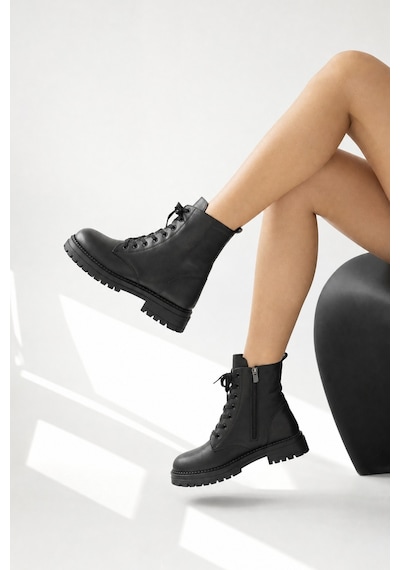 Luvi Shoes Barrel Siyah Cilt Bağcıklı Fermuarlı Kadın Postal Bot