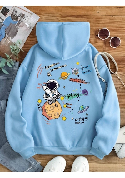 Startmore Mavi Unisex Kadın/erkek Galaxy Renkli Özel Baskılı Pamuklu Oversize Kapüşonlu