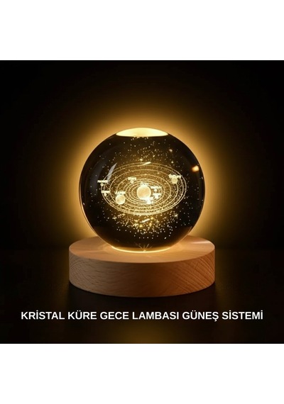Ahşap Standlı Led Kristal Küre Lazer İşlemeli Dekoratif Obje Standart