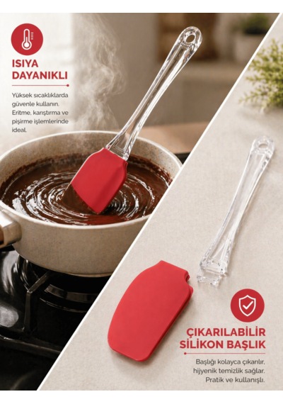 Beylini Silikon Spatula Premium Çok Amaçlı Esnek Uçlu Çıkarılabilir Başlıklı Isıya Dayanıklı Pasta Mutfak Kırmızı