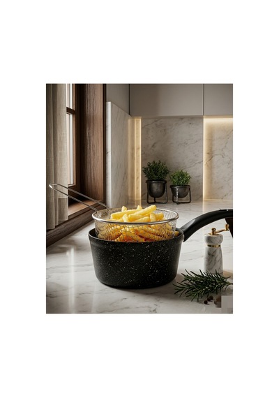 Melda Granit Kızartma Tavası 20cm Patates Cips Fritöz Telli Kızartma Tenceresi Sütlük Gümüş- Siyah