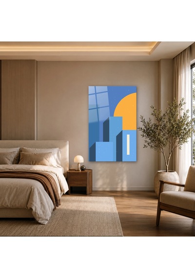 Mavi Minimal Şehir Çerçevesiz Cam Tablo
