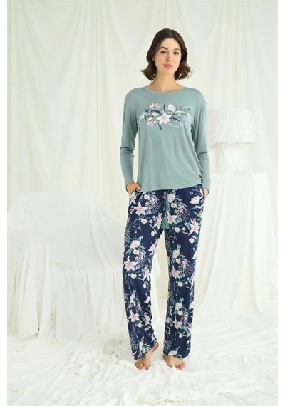 Ang Butik Kadın Çiçek Ve Yaprak Desenli Baskılı Pijama Takımı Yeşil