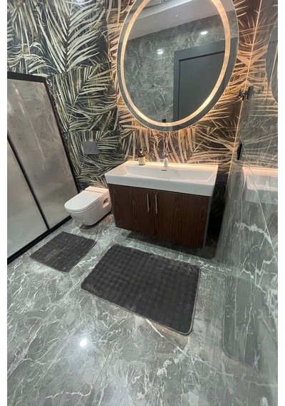 Modern Bubble Yıkanabilir Kaymaz Peluş Banyo Paspası Halısı 2'li Klozet Takımı 60x100 Ve 50x60 Antrasit
