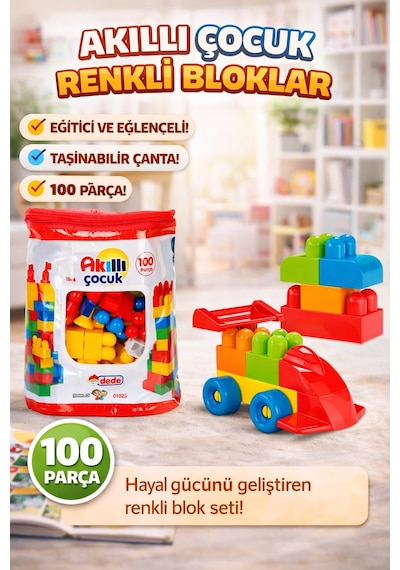 Akıllı Çocuk Renkli Bloklar 100 Parça Eğitici Eğlenceli Ve Taşınabilir Yapı Seti