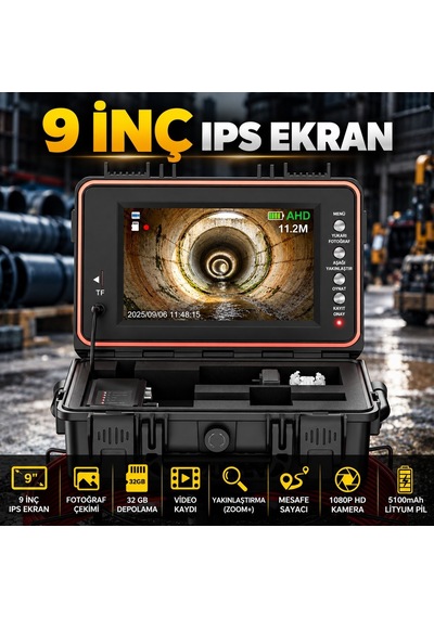 KMT-4040 Profesyonel 40 Metre Kanal Görüntüleme Kamerası 9 İnç Ips Ekran, Metraj Sayacı Ve Ekran Kaydı Full Set