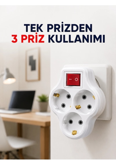 Tek Prizi 3 Lü Yapan Anahtarlı Priz Adaptörü Topraklı Priz Çoğaltıcı 1