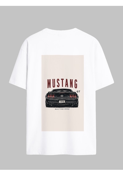 Black Nova Oversize Baskılı Unisex Tişört Mustang Gt Beyaz