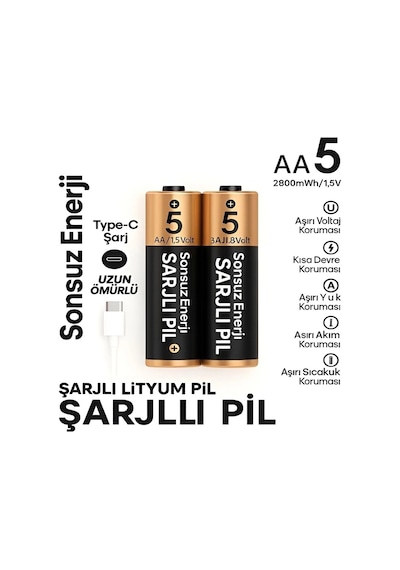 Type-c Şarjlı 2800mwh 1.5v Şarj Edilebilir 2 Li Aa5 Kalem Pil - Lityum Iyon Batarya