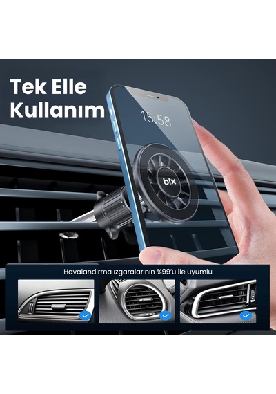 Bix Bxch13 360 Derece Metal Kancalı Manyetik Havalandırma Izgarası Araç İçi Telefon Tutucu