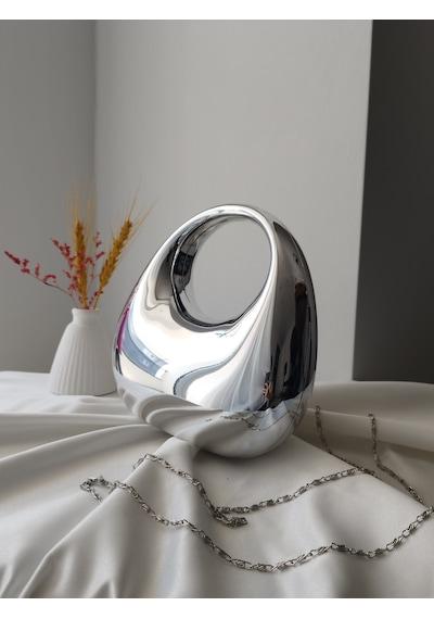 Vivazzaluxe Modern Tasarım Oval Tutmalı Küçük Boy Kadın Abiye El, Omuz Çanta Gümüş
