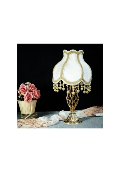 Ekru Kadife Kaplı Gold İşlemeli Şık Başlık Burgulu Gold Metal Ayaklı Klasik Model Abajur 55x25cm