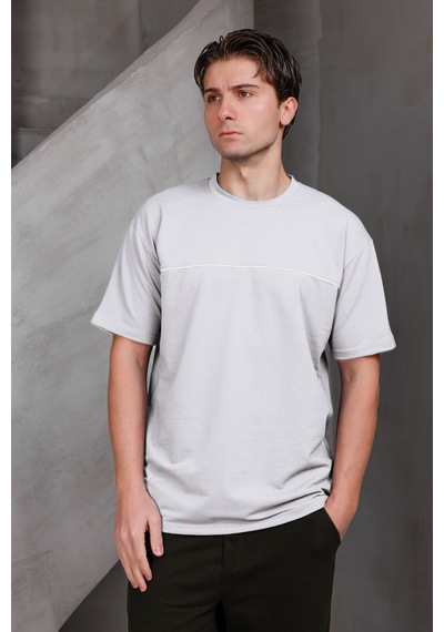 Erkek Garnili Şeritli Oversize Bisiklet Yaka 2 İki İplik Kompakt T-shirt Ekru