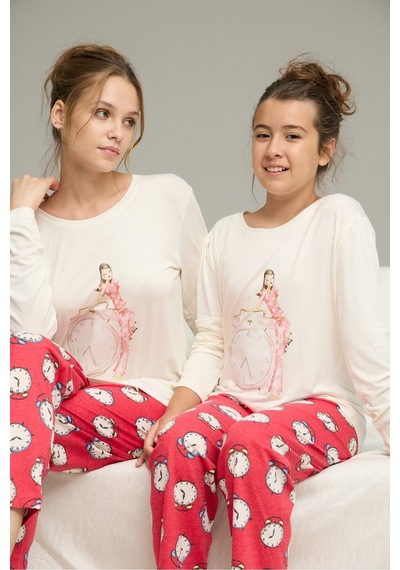 Siyah İnci Saat Desenli Pamuklu Bisiklet Yaka Örme Pijama Takım25241139 Ekru
