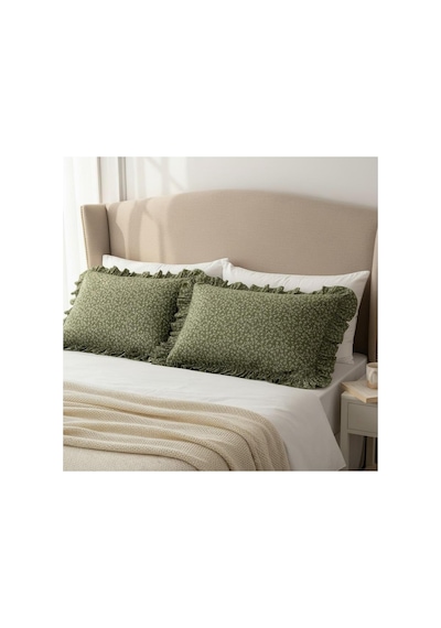 Fırfırlı Yastık Kılıfı 2 Li Set Tek Kişilik %100 Organik Pamuk 50x70 Cm 8 Farklı Desen Seçenekli Yeşil Çiçeklikenar