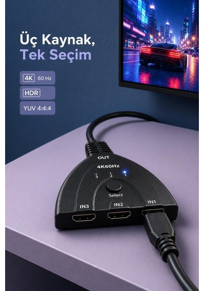 Select Düğmeli 3 Girişli 1 Çıkışlı Hdmı Switch 4k 60 Hz Hdr Ve Yuv 4:4:4 Destekli