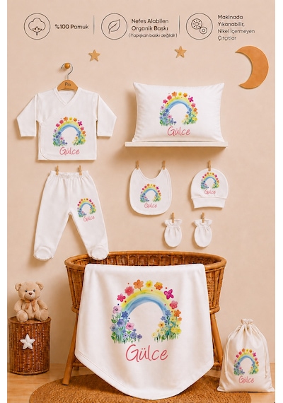 Pia Baby İsme Özel Kız Bebek Hastane Çıkışı 12 Parça %100 Pamuk Organik Baskılı Kese Hediyeli Set 106011kyx Ekru