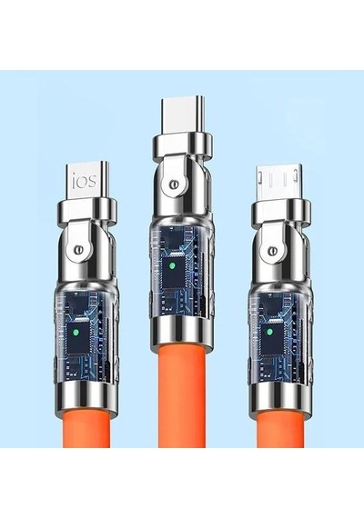 Valkyrie 120W-E 6 A 3 in 180 Derece 1.2 M Sıvı Silikon Data Hızlı Şarj Kablosu Turuncu