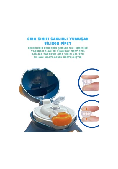 Rovco 250ml Pipetli Sevimli Hayvanlar Desenli Akıllı Pipet Toplu Tritan Su Biberon-matarası Lacivert
