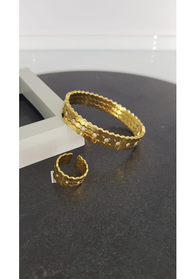 Taşlı Çelik Kelepçe Yüzük Sns50026883 Gümüş - Rose Gold