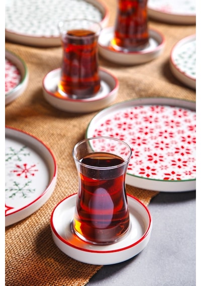 18 Parça Stackable Christmass Kahvaltı Çay Takımı Seti - Çay Bardaklı Yılbaşı Kahvaltılık Çay Seti Çok renkli