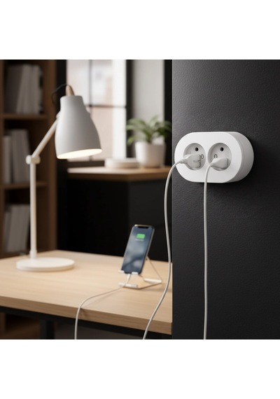 Beyaz Çift Girişli Topraklı Sıva Üstü Elektrik Prizi, Modern Tasarım