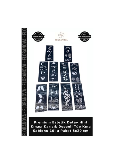 Premium Estetik Detay Hint Kınası Karışık Desenli Tüp Kına Şablonu 10'lu Paket 8x20 Cm