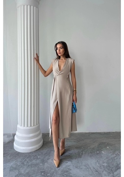 Defymoda Kruvaze Vatkalı Kolsuz Elbise Modal Kumaş - Bej Bej