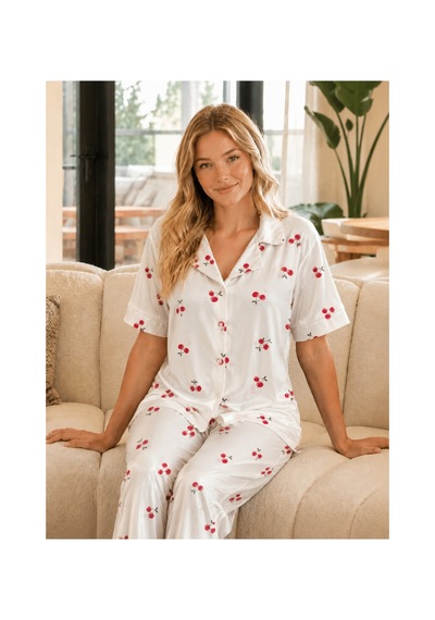 Rindahomewear Kadın Milan Kiraz Desenli Düğmeli Pijama Takımı Beyaz