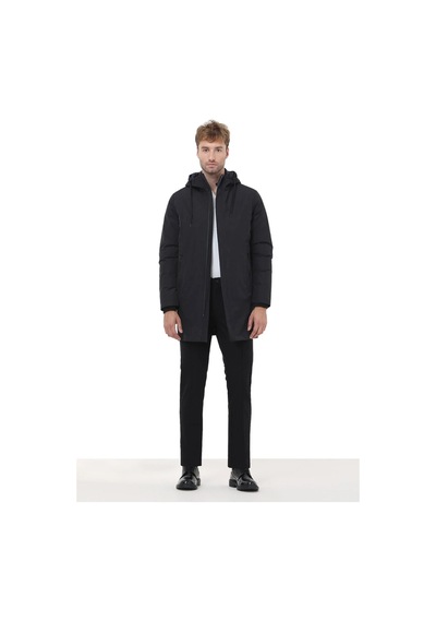 Kip Siyah Regular Fit Kapüşonlu Casual Dokuma Pardesü Siyah