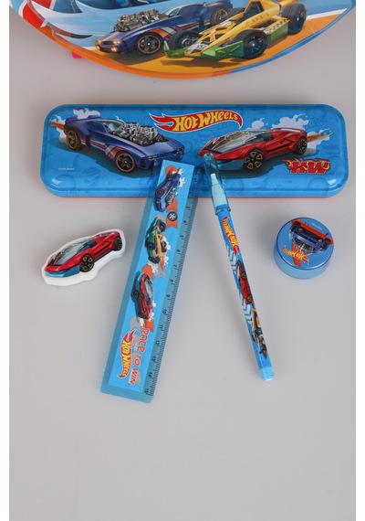 X Dekomus Lisanslı Hotwheels Özel Tasarımlı 5'li Kırtasiye Seti Metal Kalem Kutusu,cetvel,kalem Açık Gri