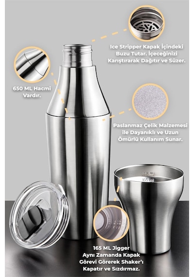 Çok Amaçlı Paslanmaz Çelik Kokteyl Shaker 650 Ml - Metalik Diğer