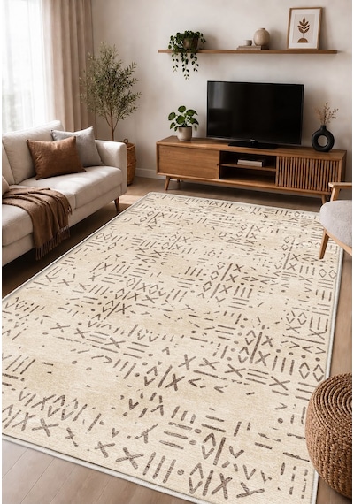 Krem Dijital Baskı Halı Kaymaz Tabanlı Yıkanabilir Halı Yolluk Salon Halısı1650